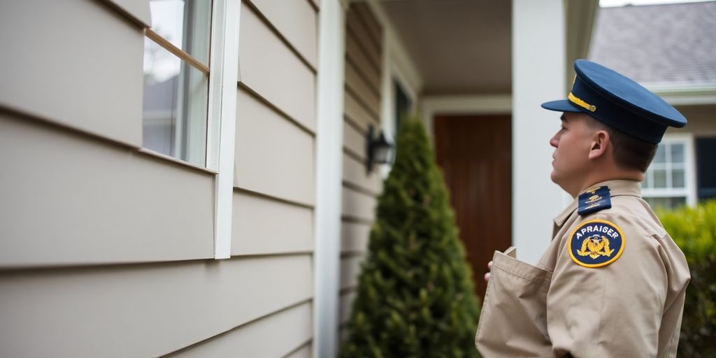 VA home appraisal process with inspector inspecting property.