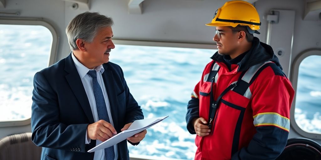 Maritime lawyer meeting with offshore worker on a boat.
