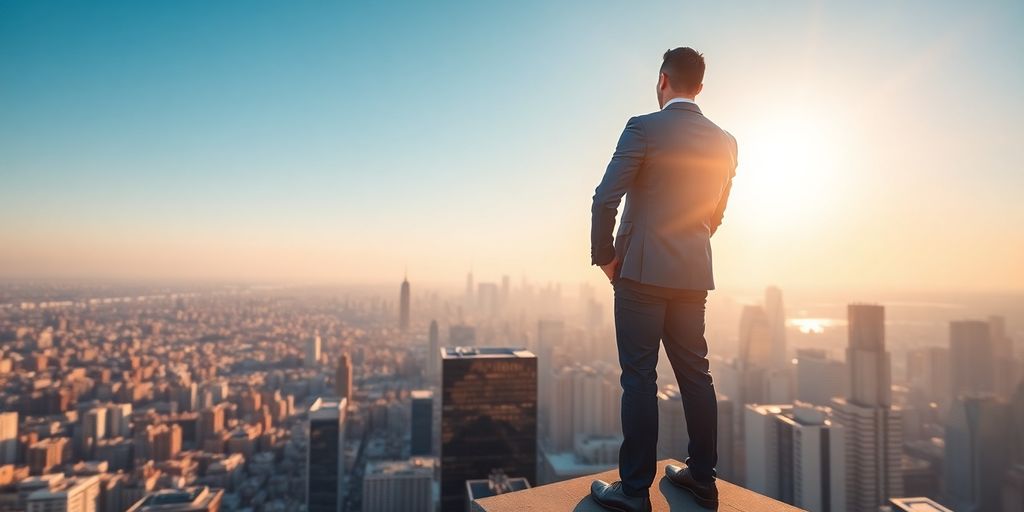 Person overlooking cityscape, finance career growth.