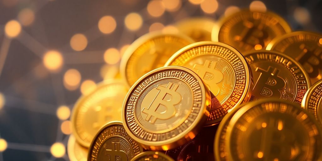 Digital gold coins emerging from abstract glowing network.