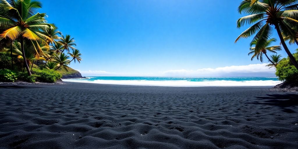 Punaluʻu Black Sand Beach with palm trees and ocean waves.