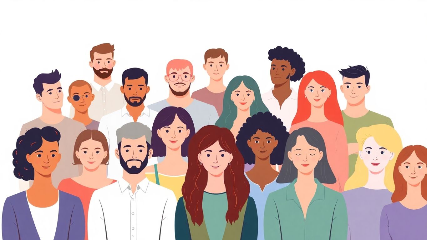 Illustrasjon av ulike grupper mennesker i myke farger.