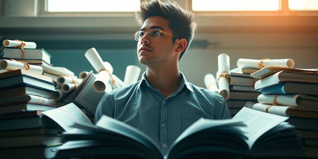 Um estudante pensativo rodeado por livros e diplomas.