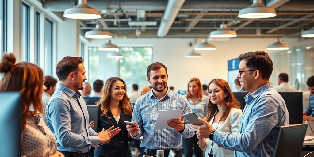 Professionals collaborating in a modern office setting.