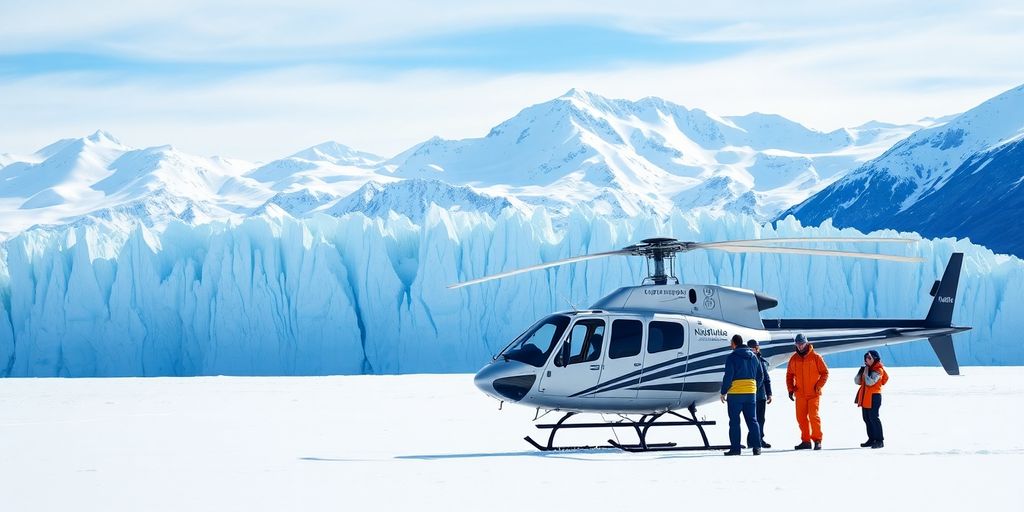 A helicopter landed on a massive Alaskan glacier near mountains.