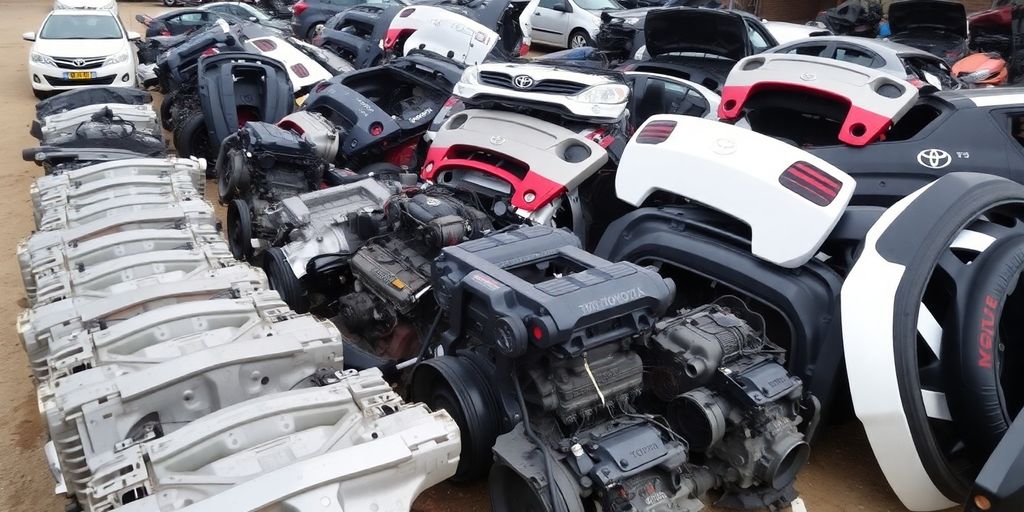 Toyota parts stacked neatly in a wrecking yard.