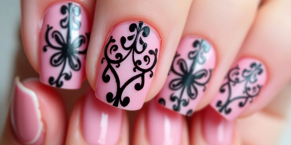 Unhas rosa e preto decoradas com padrões elegantes.