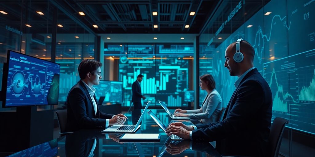 Profissionais interagindo com tecnologia de inteligência artificial.