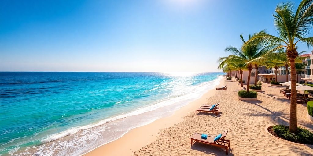 Azure ocean, sandy beach, resort, palm trees, clear sky.