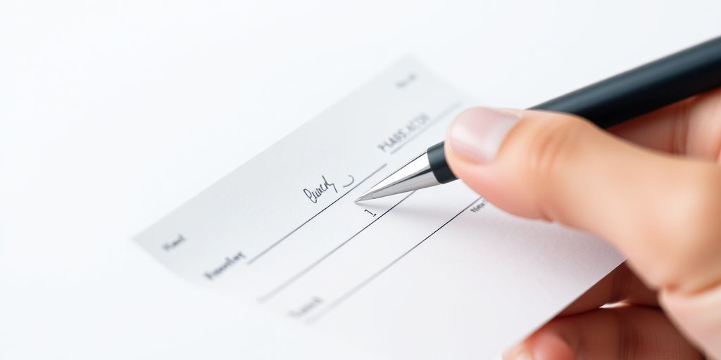 Hand holding check with pen above it.