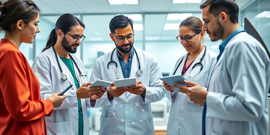Diverse healthcare team working with advanced AI technology.