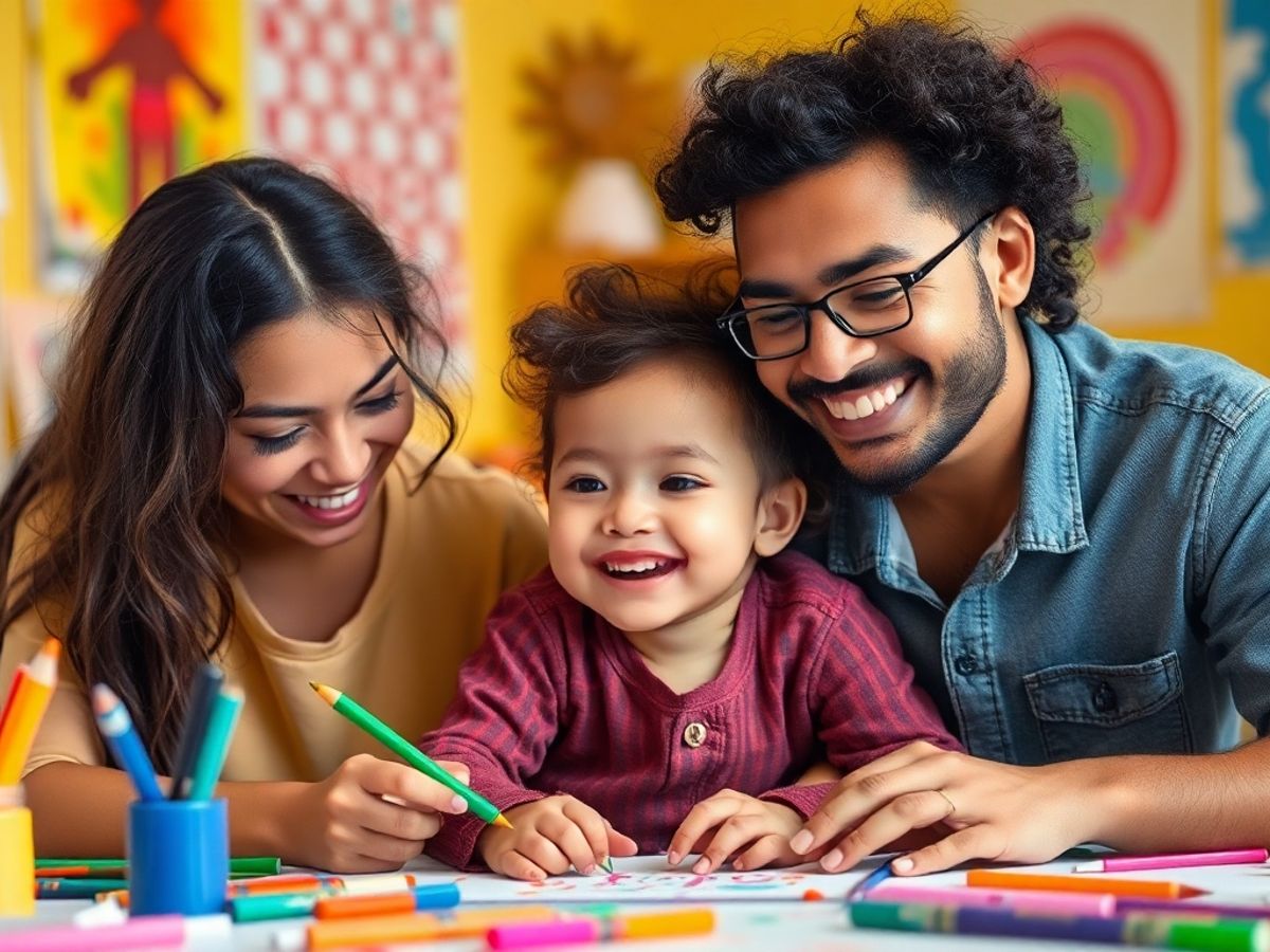 Părinte și copil creativi, lucrând împreună cu materiale artistice.