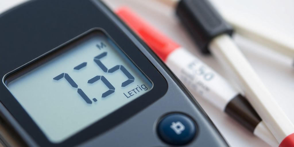 Blood glucose meter with a reading displayed.