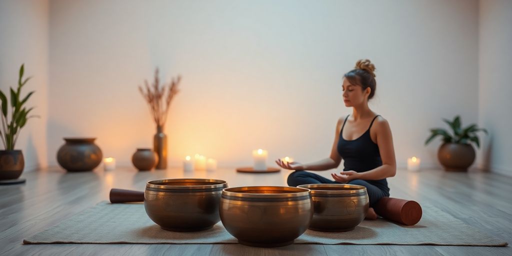 Meditation with singing bowls in a calming environment.