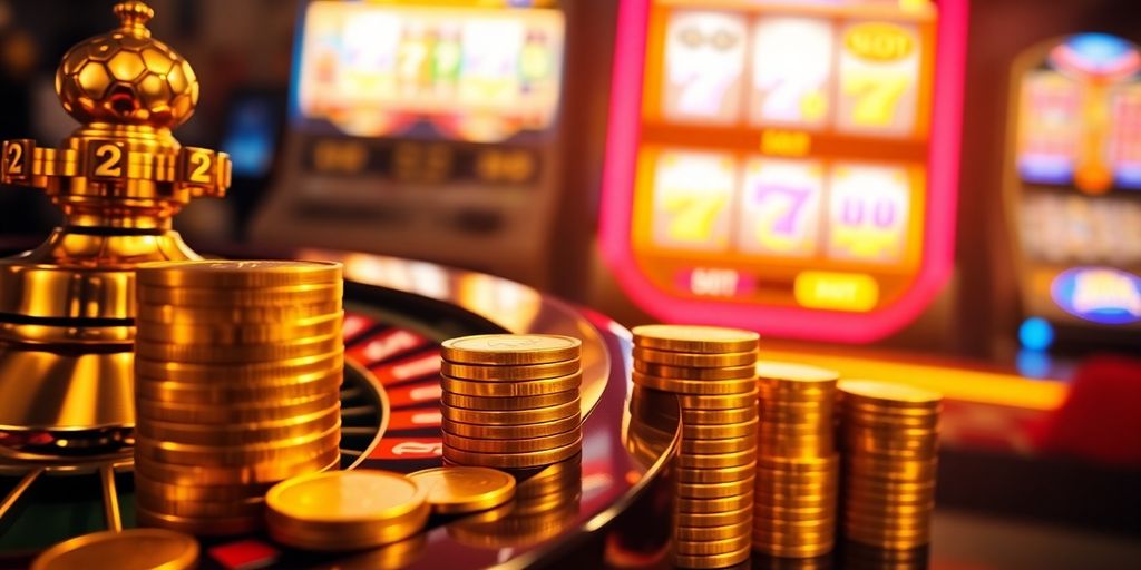 Golden coins, spinning roulette, glowing slot machine.