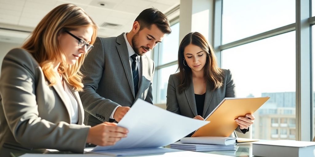 Lawyers discussing property deeds in a modern office.