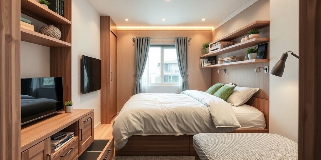 Cozy small bedroom with smart storage solutions.
