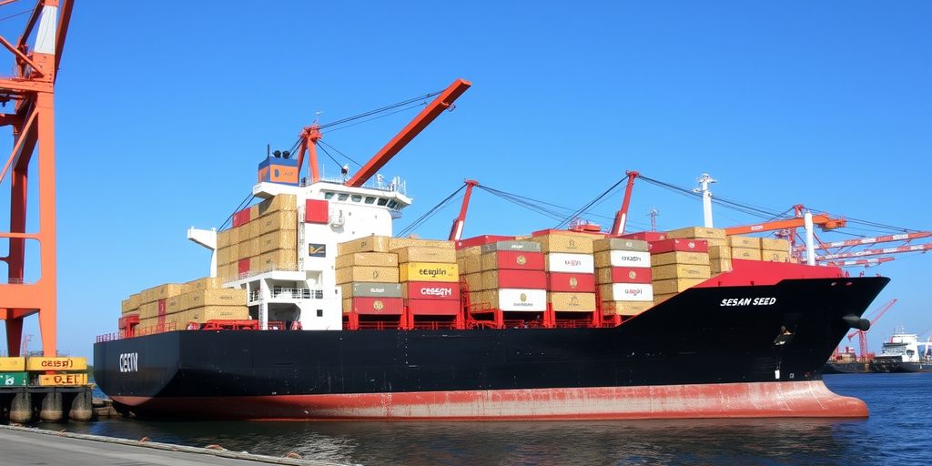 Cargo ship unloading sesame seeds at international port.
