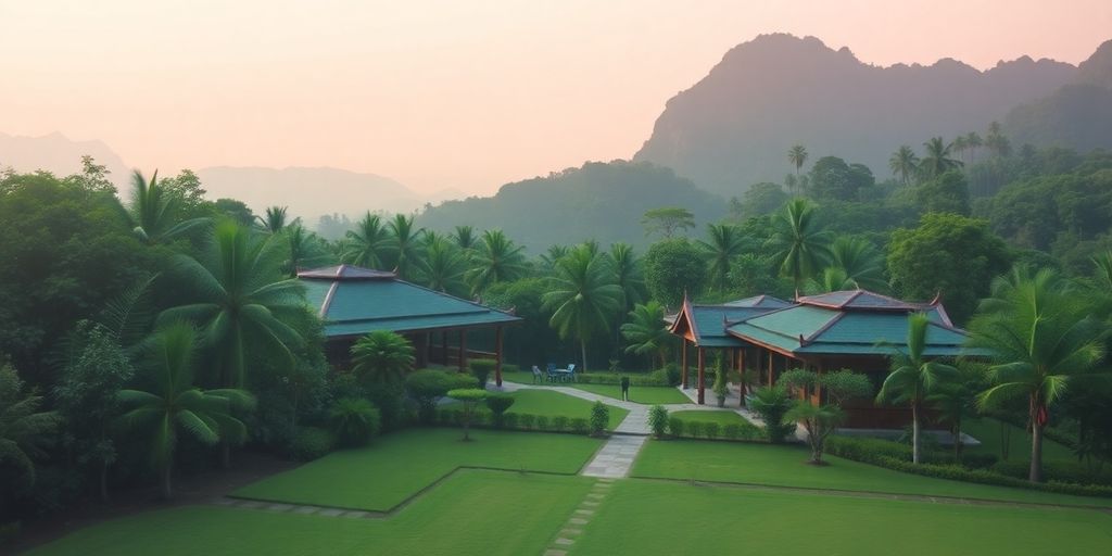 Tranquil treatment center in Thailand amidst lush greenery.
