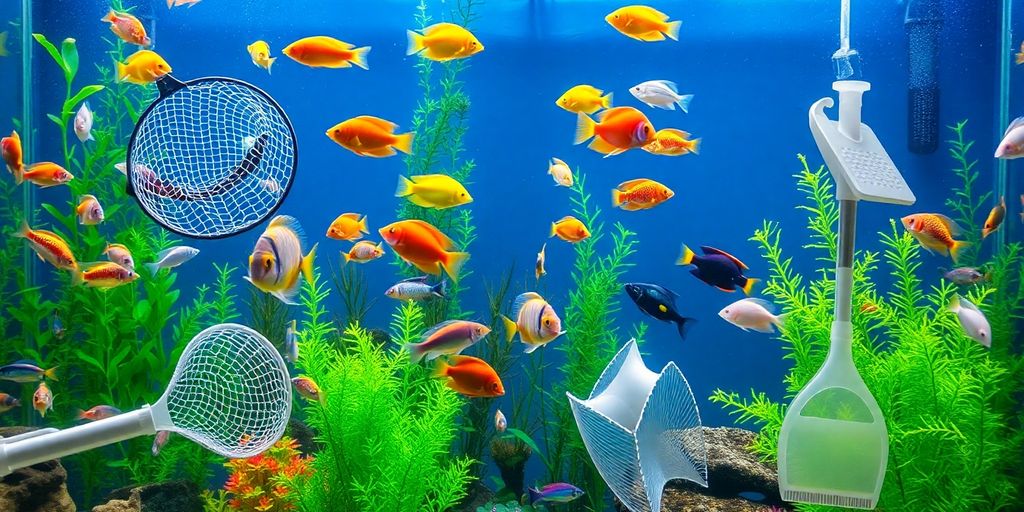 Colorful aquarium with fish and essential maintenance tools.