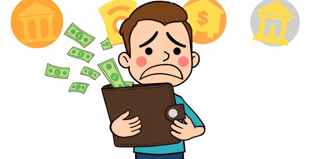 Cartoon character looking stressed at a bank account.