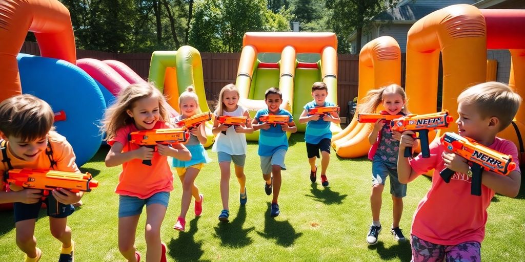 Children playing with Nerf blasters in a backyard.