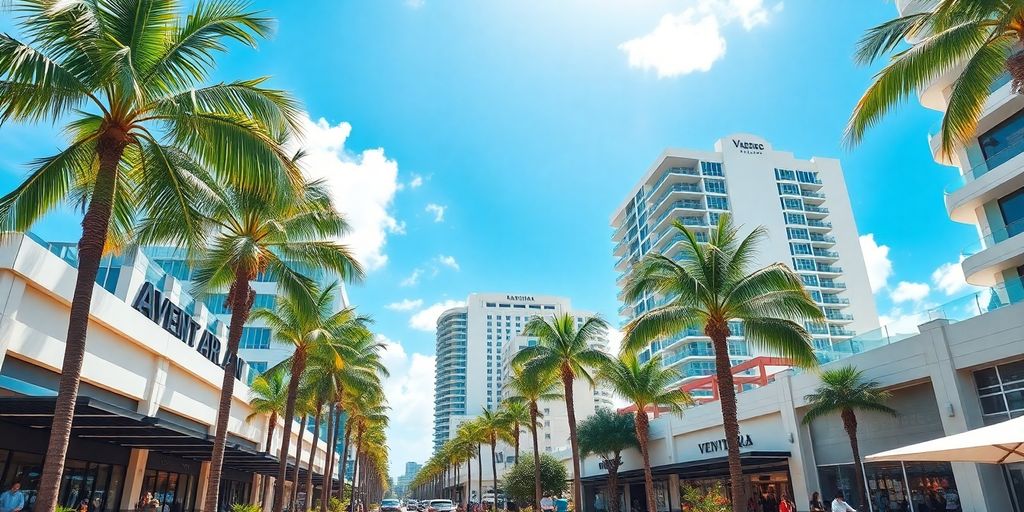 Vibrant scene of Aventura, Florida with palm trees.