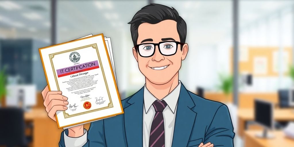 Man holding various IT certifications.
