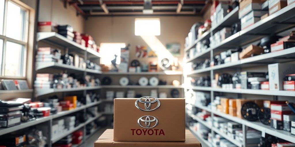 Toyota car parts neatly organized on shelves.