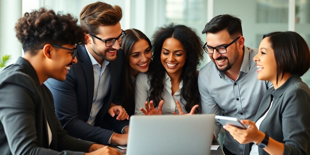 Diverse professionals discussing AI tools in recruitment.
