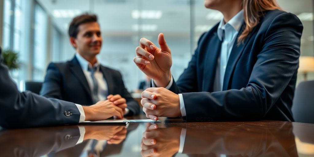 Well-dressed person shaking hands with a hiring manager.