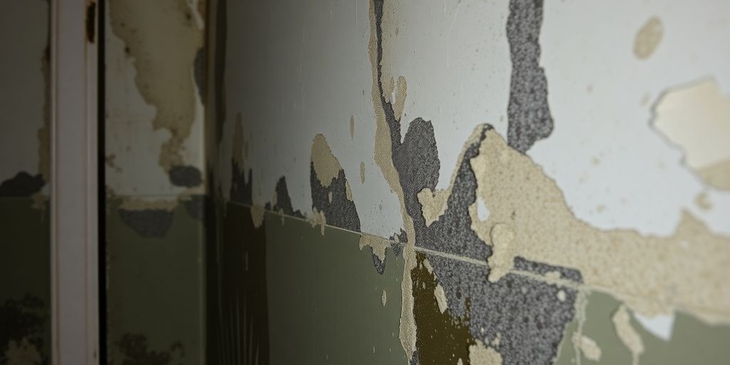 Water-damaged wall with mold and peeling paint.