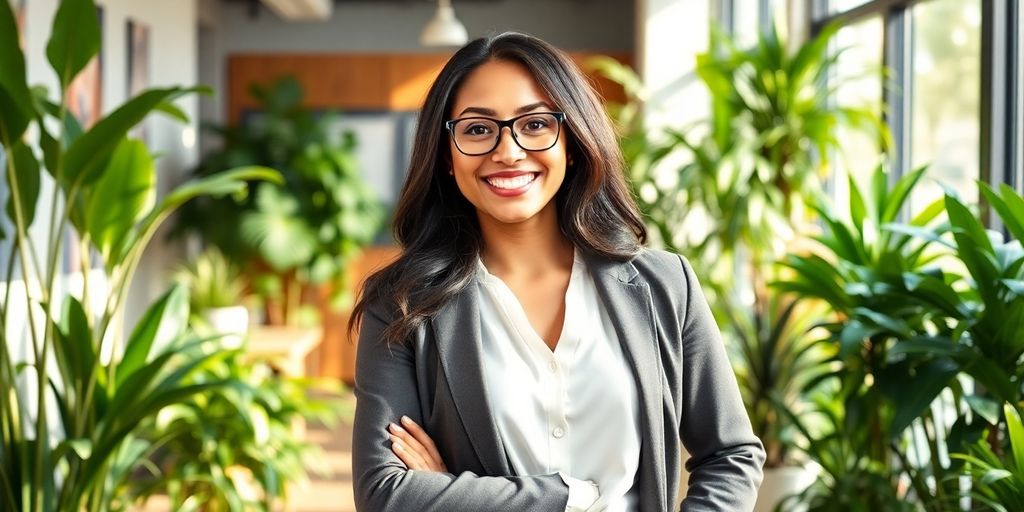Professional in office exuding confidence and positivity.