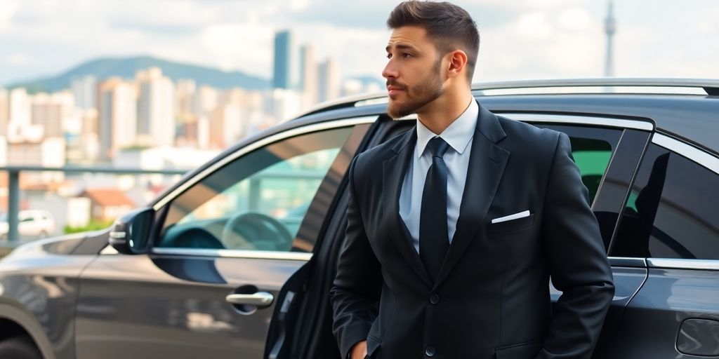 Luxury car interior with driver and city view.