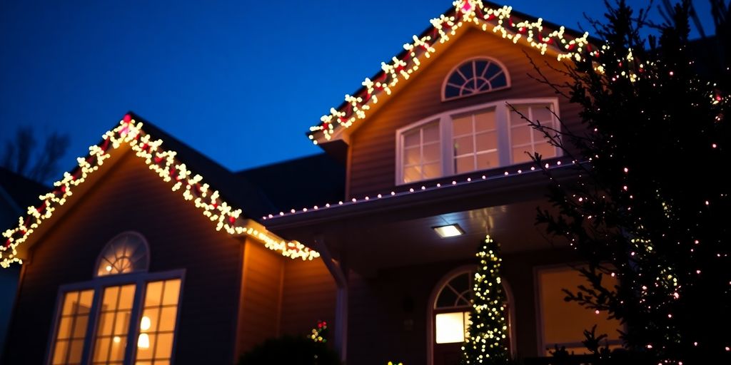 Professionally installed colorful Christmas lights on a home.