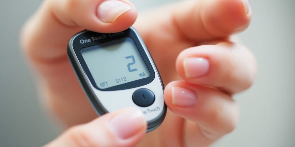 Person checking blood sugar with a One Touch meter.