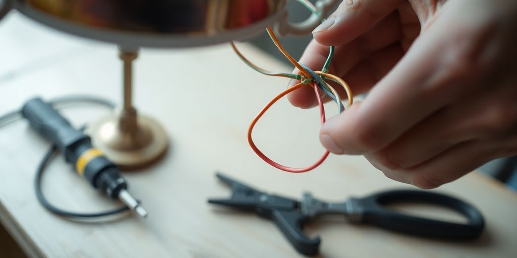 Hands connect chandelier wires with tools.