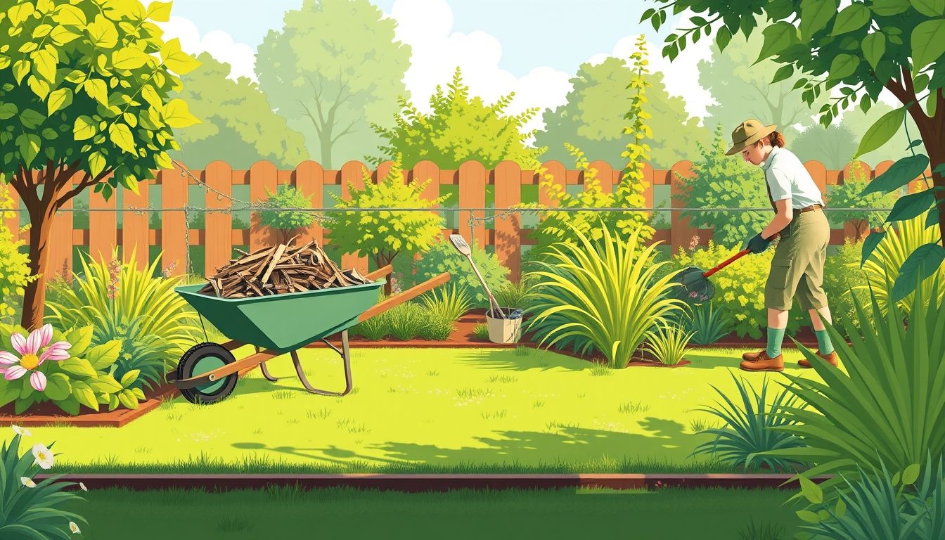 Person clearing garden waste with wheelbarrow