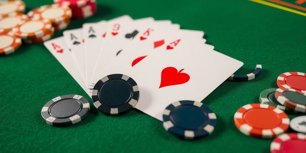 Blackjack cards and chips on a felt table.
