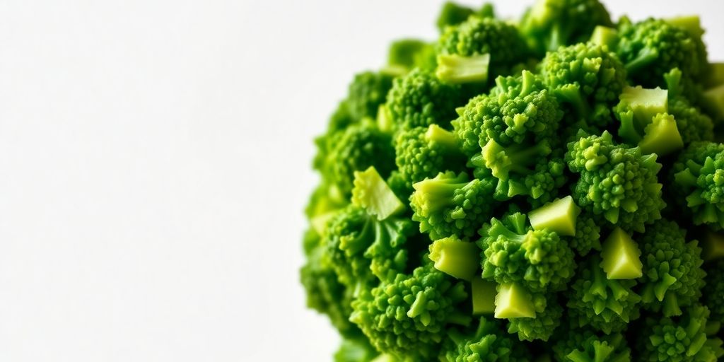 Fresh green broccoli florets on a white background.