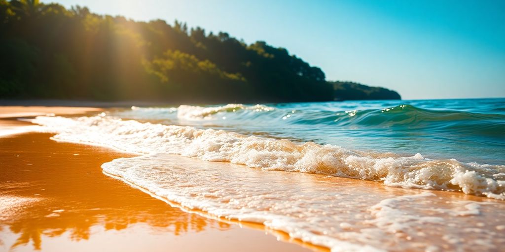 Scenic beach with waves and lush greenery for prosperity.