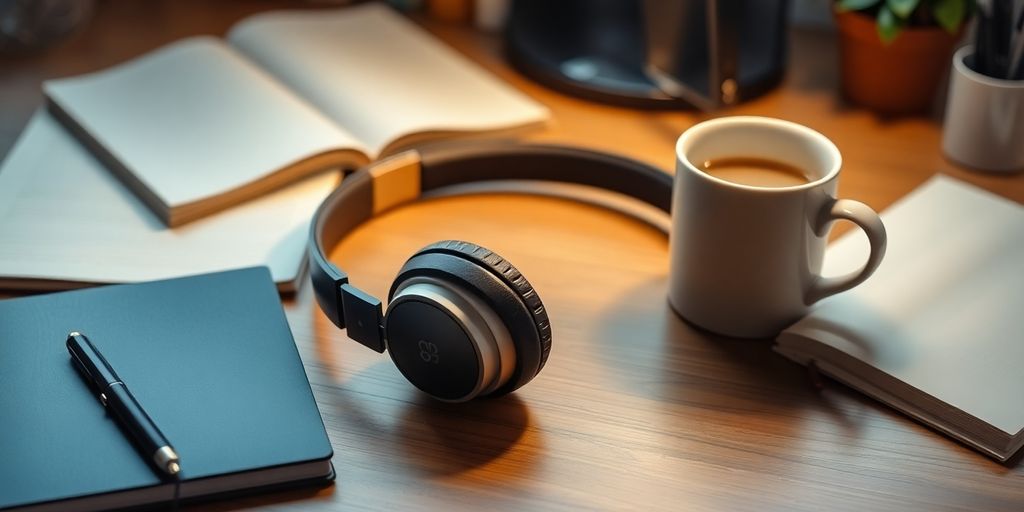 Cozy study setup with headphones and notebooks.