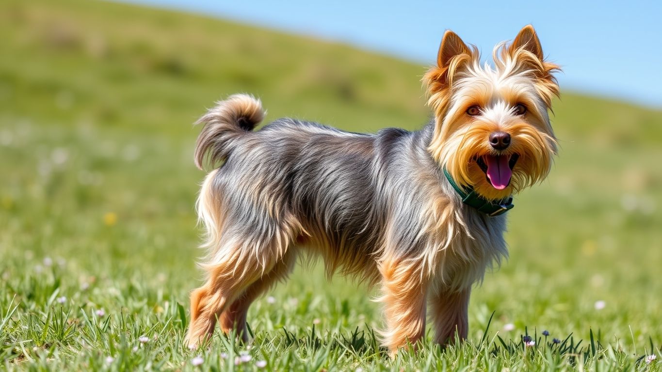 Playful Australian Terrier in a grassy field.