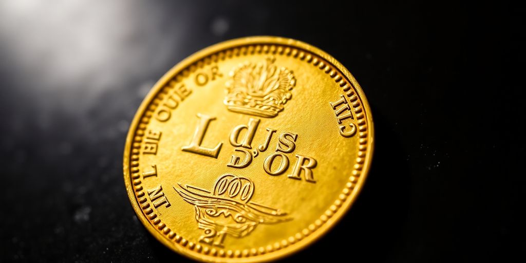 Un Louis d'Or doré brillant reposant sur un fond sombre.