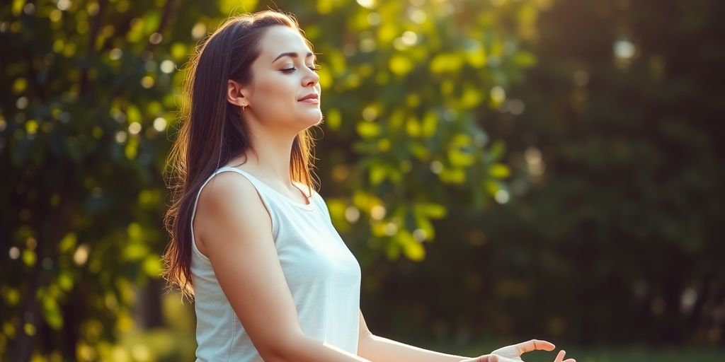 Woman meditating outdoors, serene and calm.