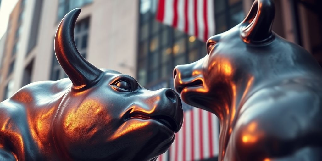 Bull and bear market symbols facing each other.