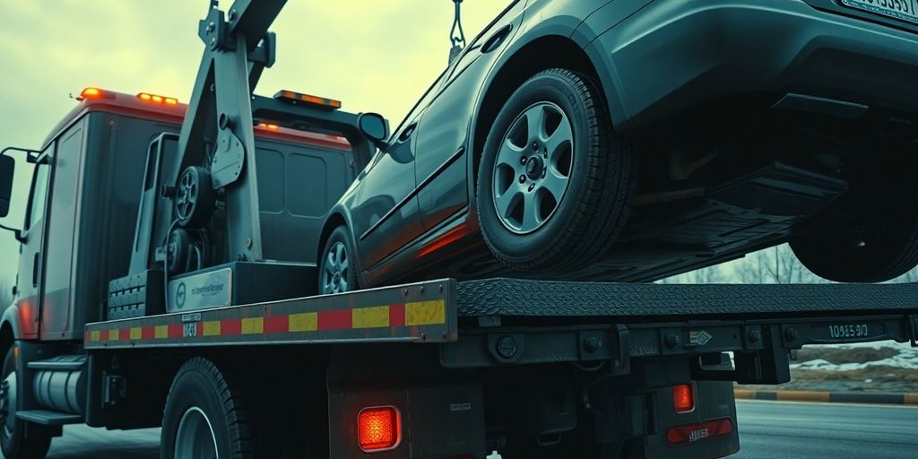 Towing truck lifting a car.
