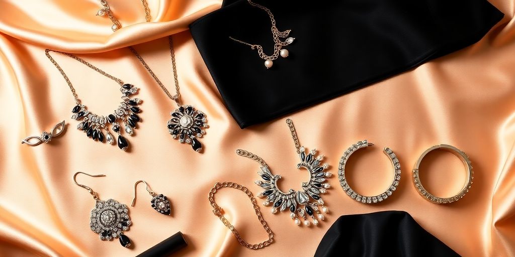 Elegant jewelry and chic outfit flat lay for parties.