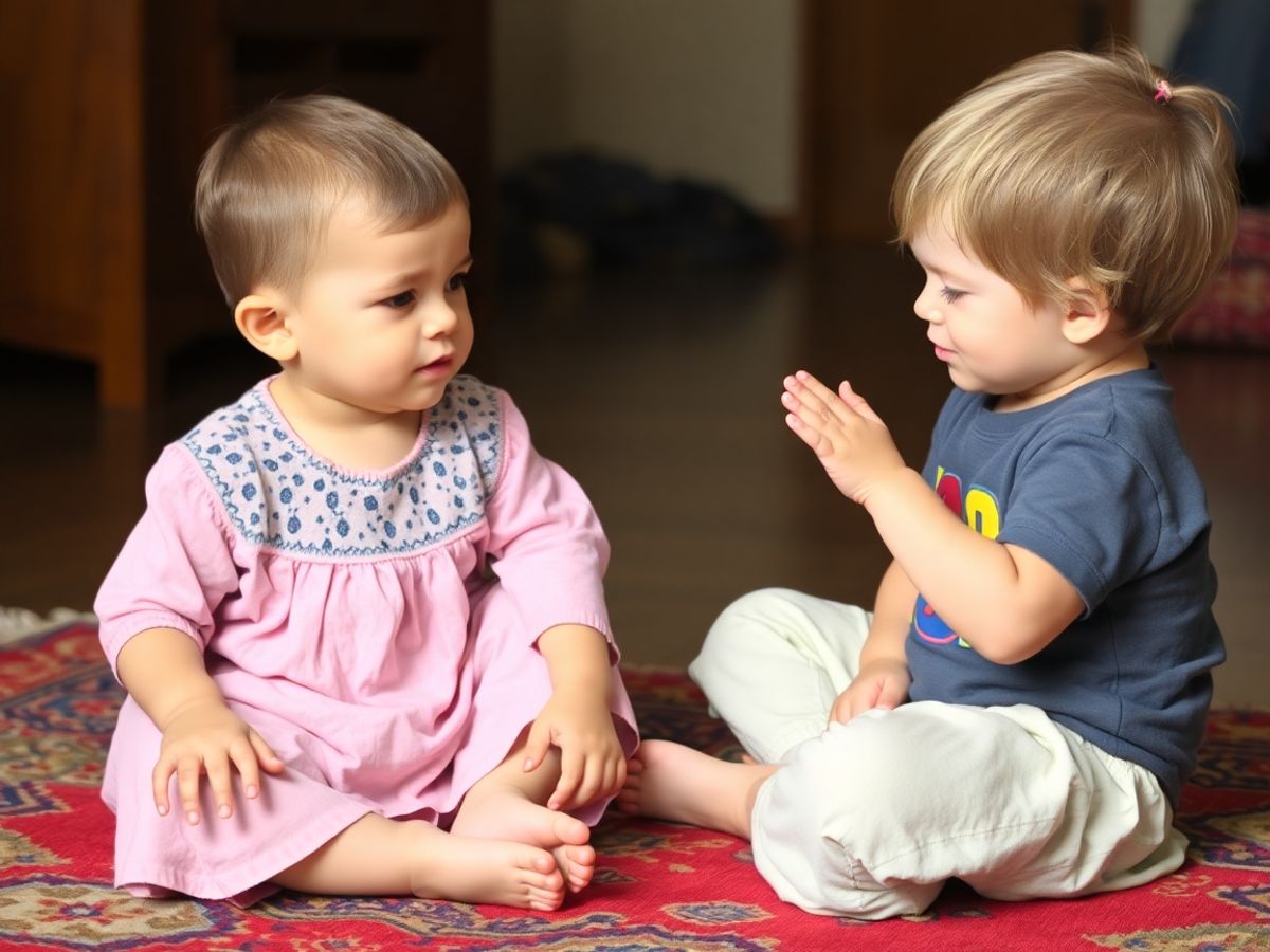 Doi copii dialogând pe un covor vesel.