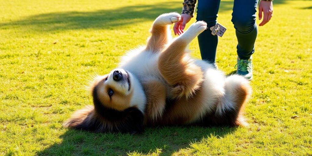 Dog rolling over on grass with trainer encouragement.